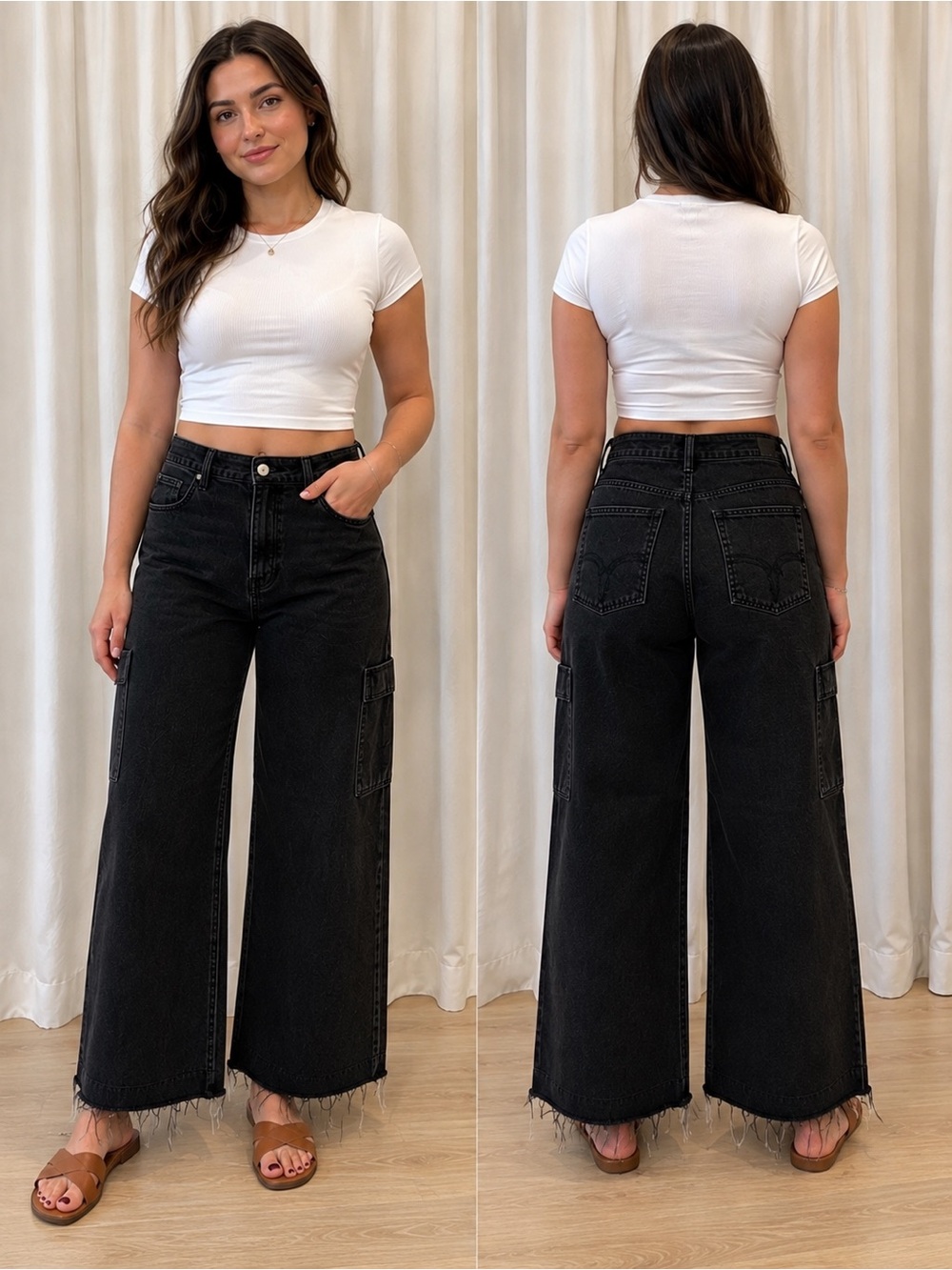 American eagle super high rise baggy Wide Leg Cargo Jeans Black size 6